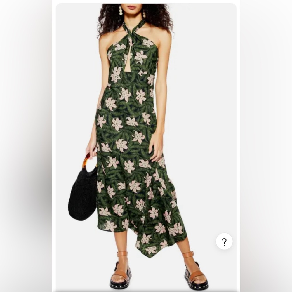 TOPSHOP - Hibiscus Halter MIDI Dress Green Multi - Tropical Blooms - Summer